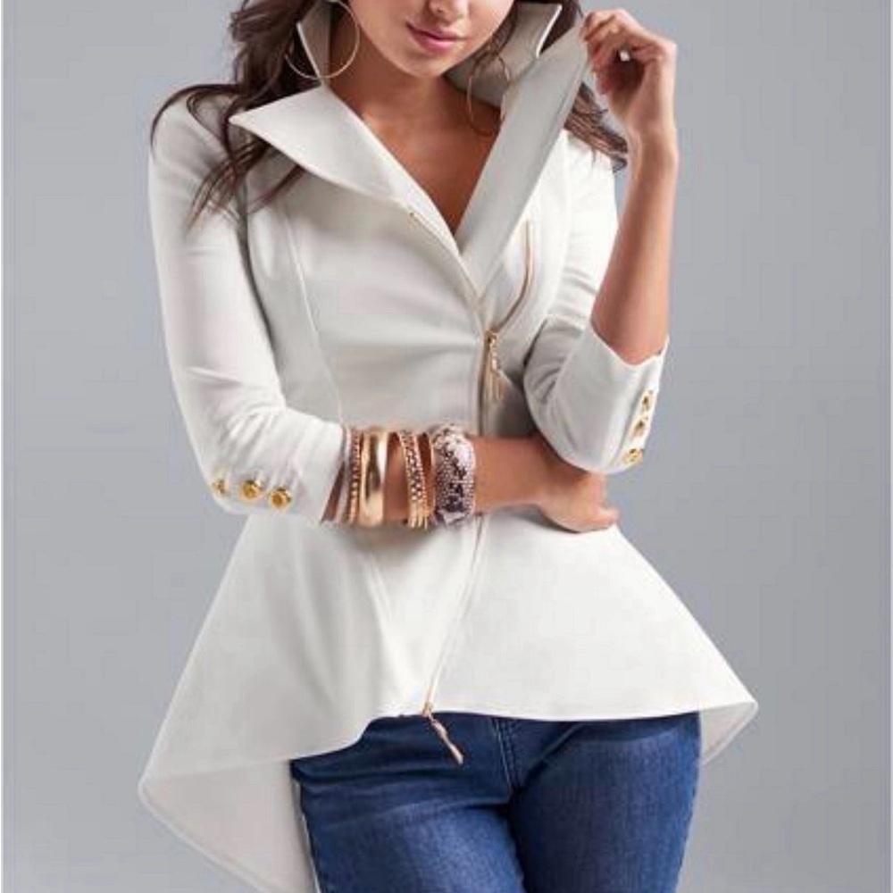 🔥VENUS Popped Collar White Asymmetrical High/Low Top Gold Accents Size 12
